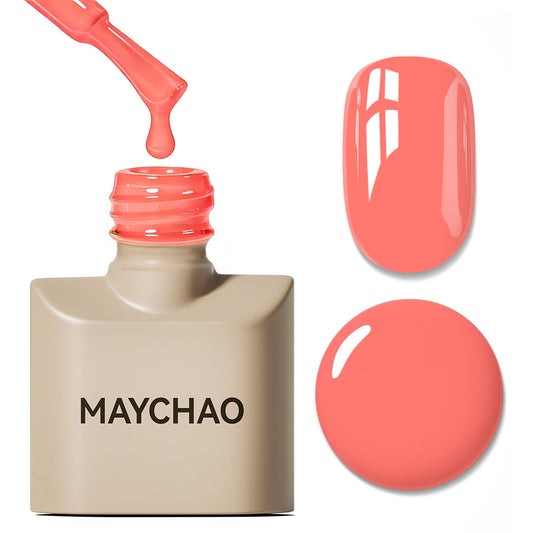 MAYCHAO front bottle view showing coral-pink gel and glossy finish benefit