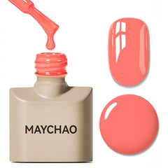 MAYCHAO front bottle view showing coral-pink gel and glossy finish benefit