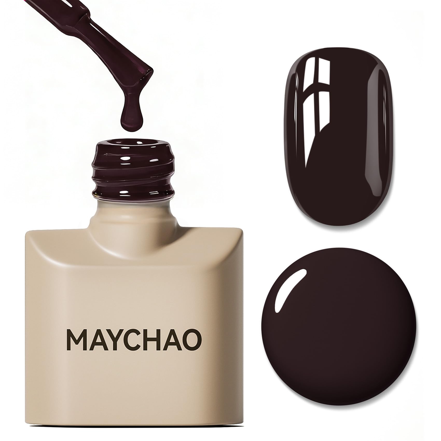 MAYCHAO front bottle showing dark brown color and glossy finish benefit