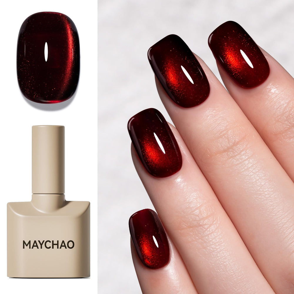MAYCHAO front bottle showing deep cherry red and glossy finish benefit