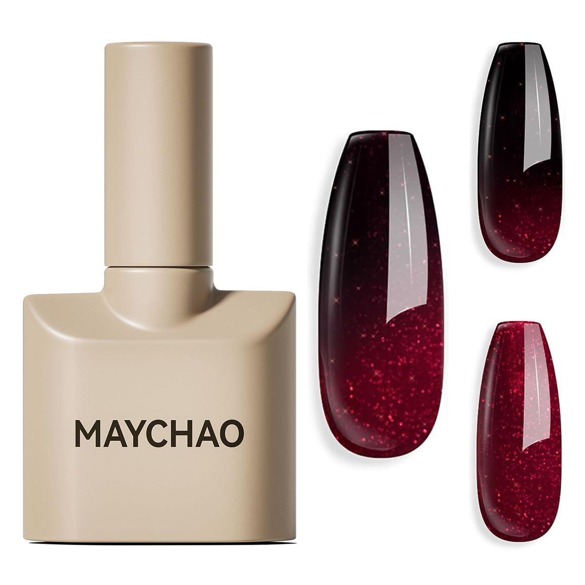 MAYCHAO front bottle showing burgundy red color and glossy finish benefit