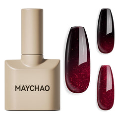 MAYCHAO front bottle showing burgundy red color and glossy finish benefit