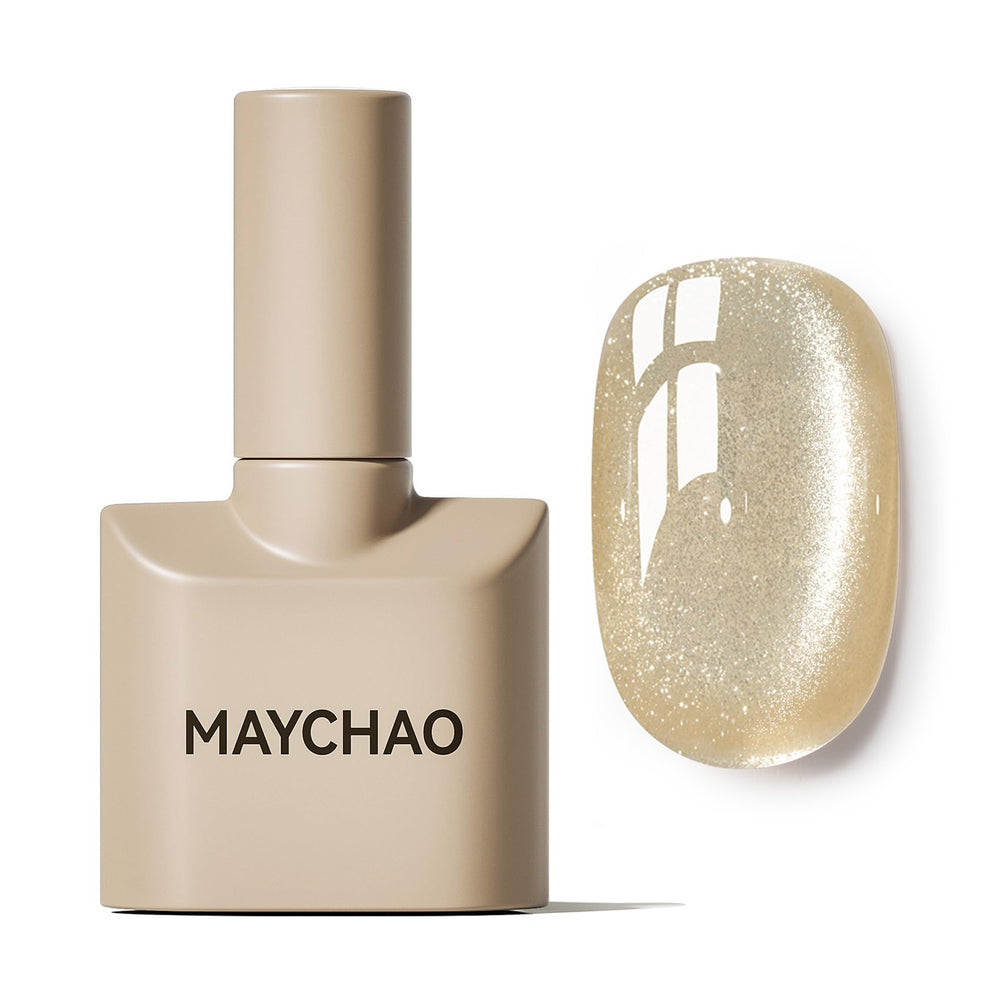 MAYCHAO bottle front view showing champagne gold color and gleaming finish