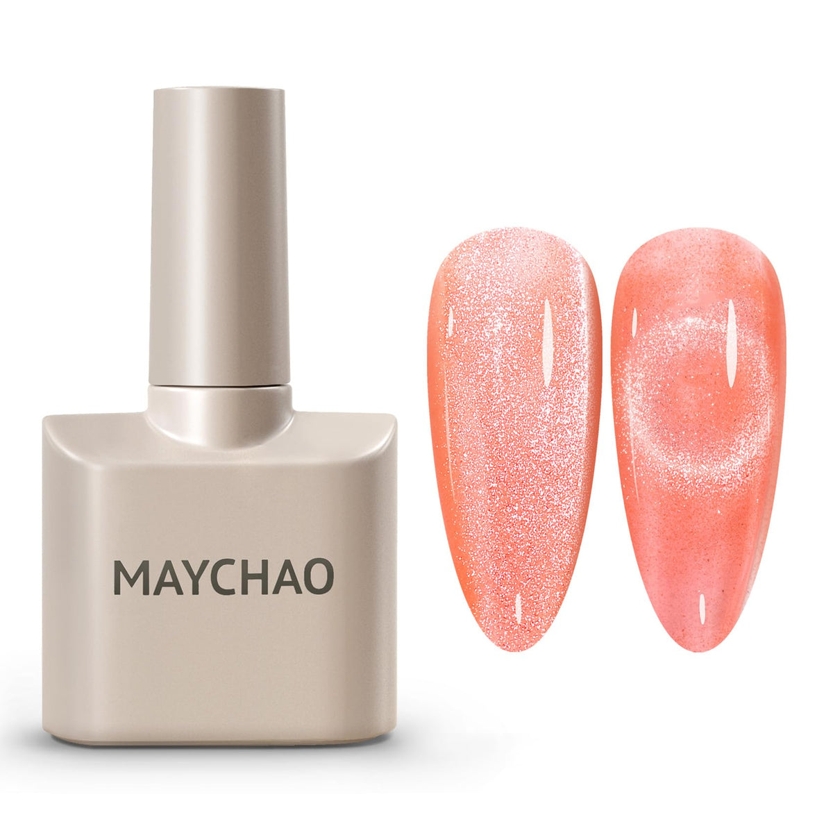MAYCHAO front bottle shows coral cat-eye polish and easy application
