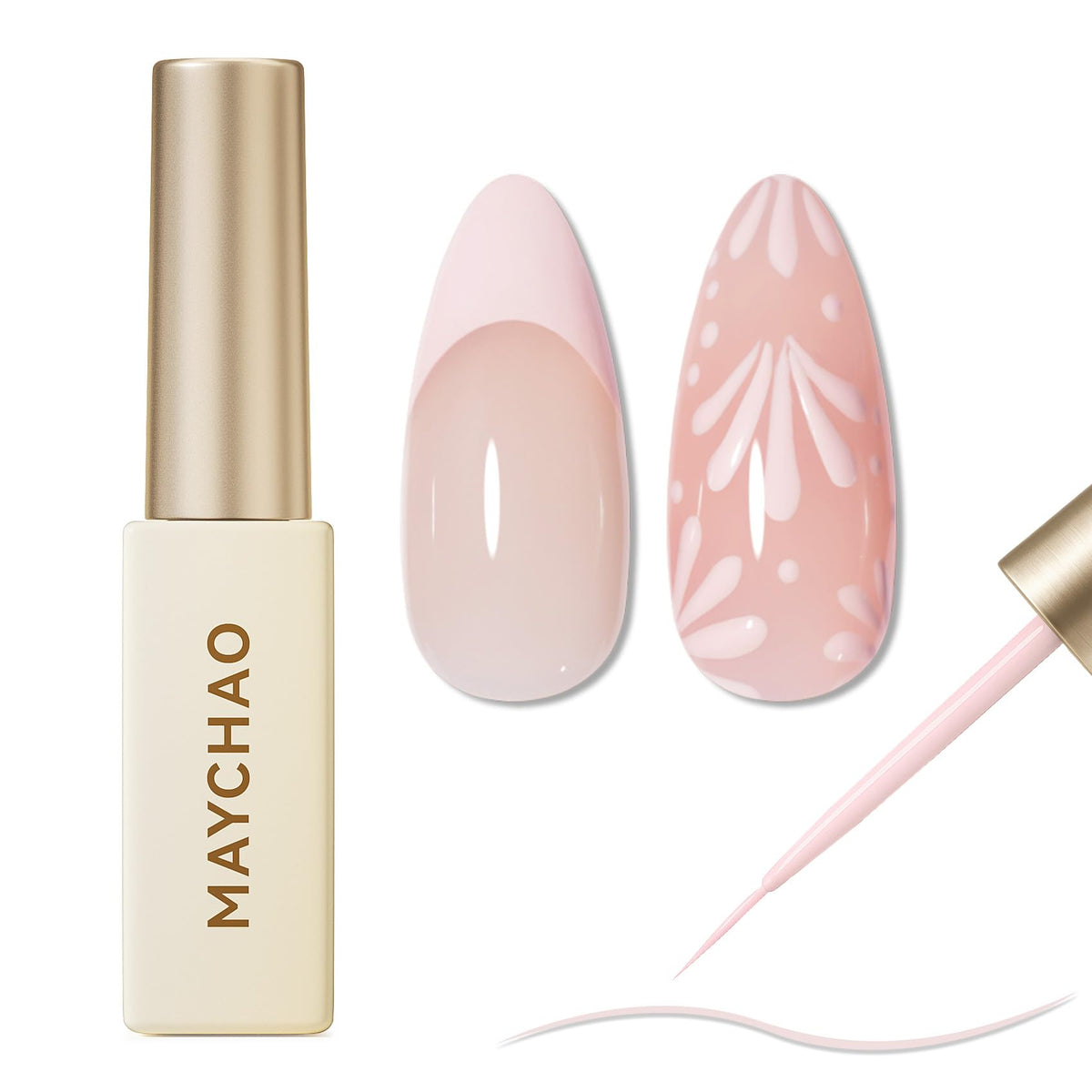 maychao front bottle showing creamy pink gel liner and convenient built-in brush