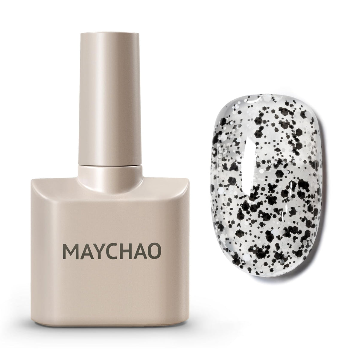 MAYCHAO front bottle showing black eggshell glitter polish and brand for clear identification