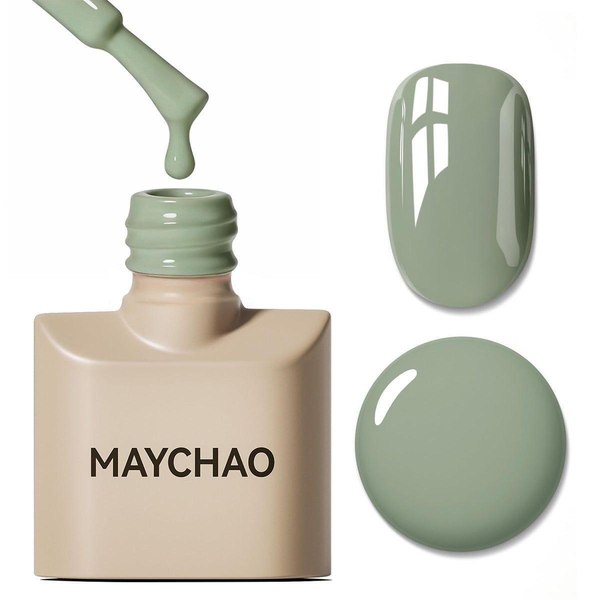 MAYCHAO front bottle showing emerald olive green and compact 15ml size benefit
