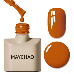 MAYCHAO front bottle showing pumpkin orange polish and label benefits