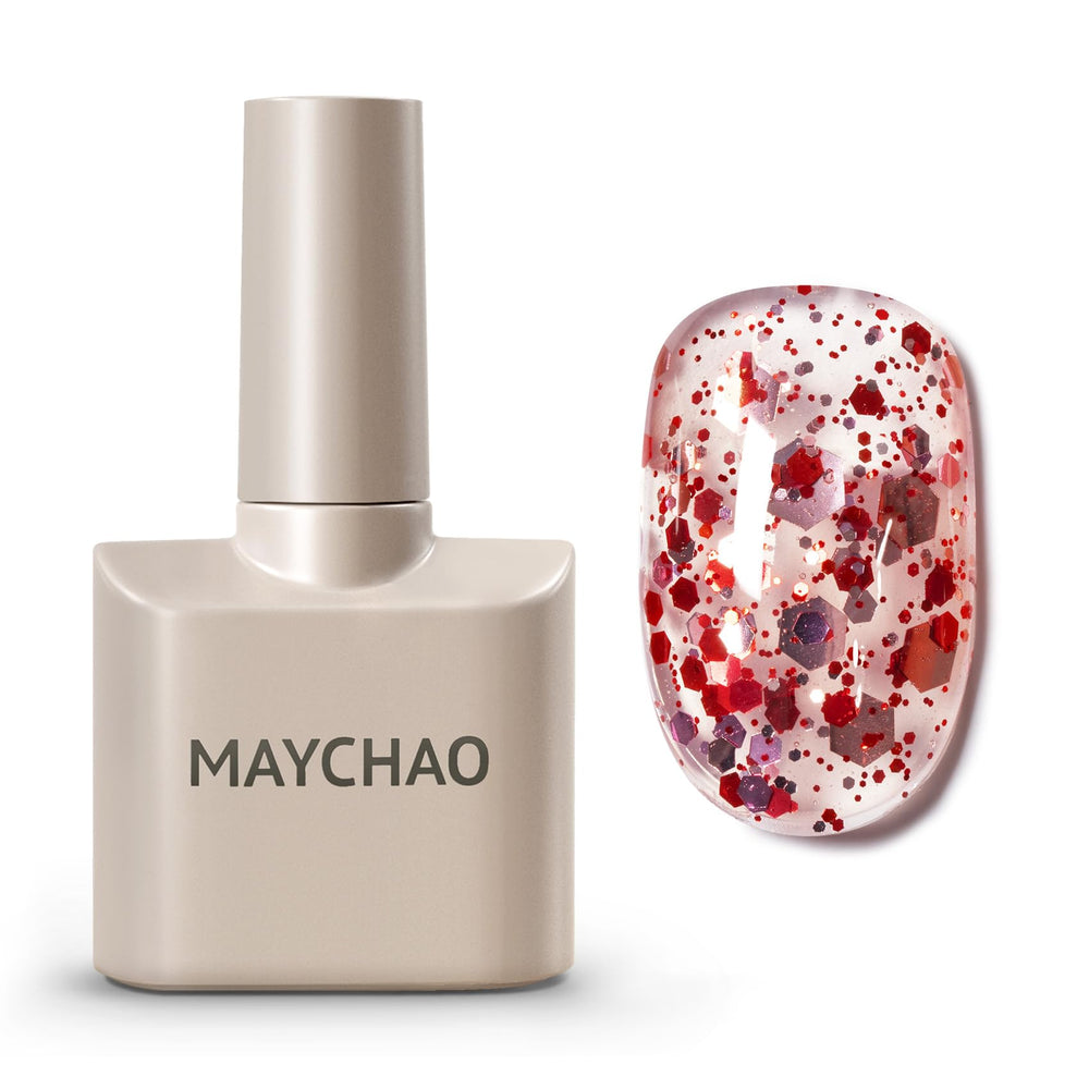 MAYCHAO front bottle showing glitter gel polish and brand in clear view, professional finish benefit