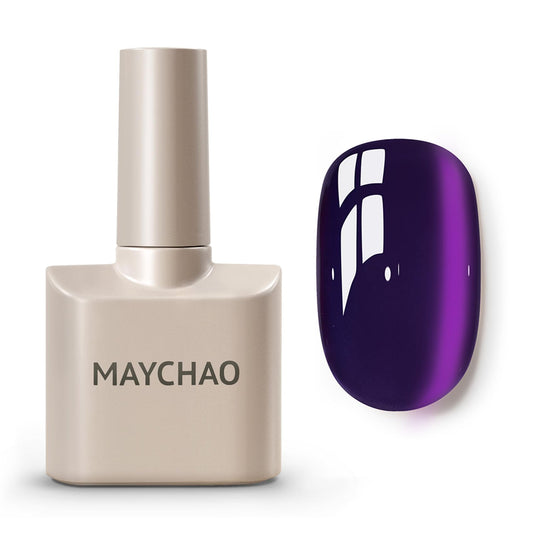 MAYCHAO front bottle of purple silk cat eye gel polish showing glossy finish and label benefits