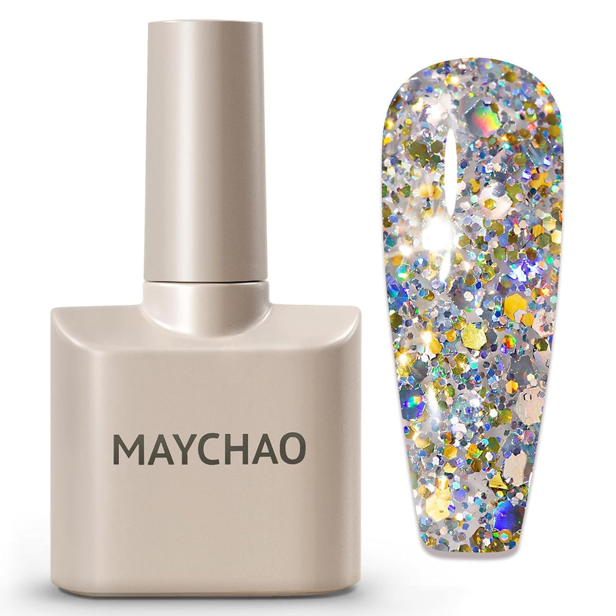 MAYCHAO front bottle showing stellar glitter gel polish for easy identification and vibrant color