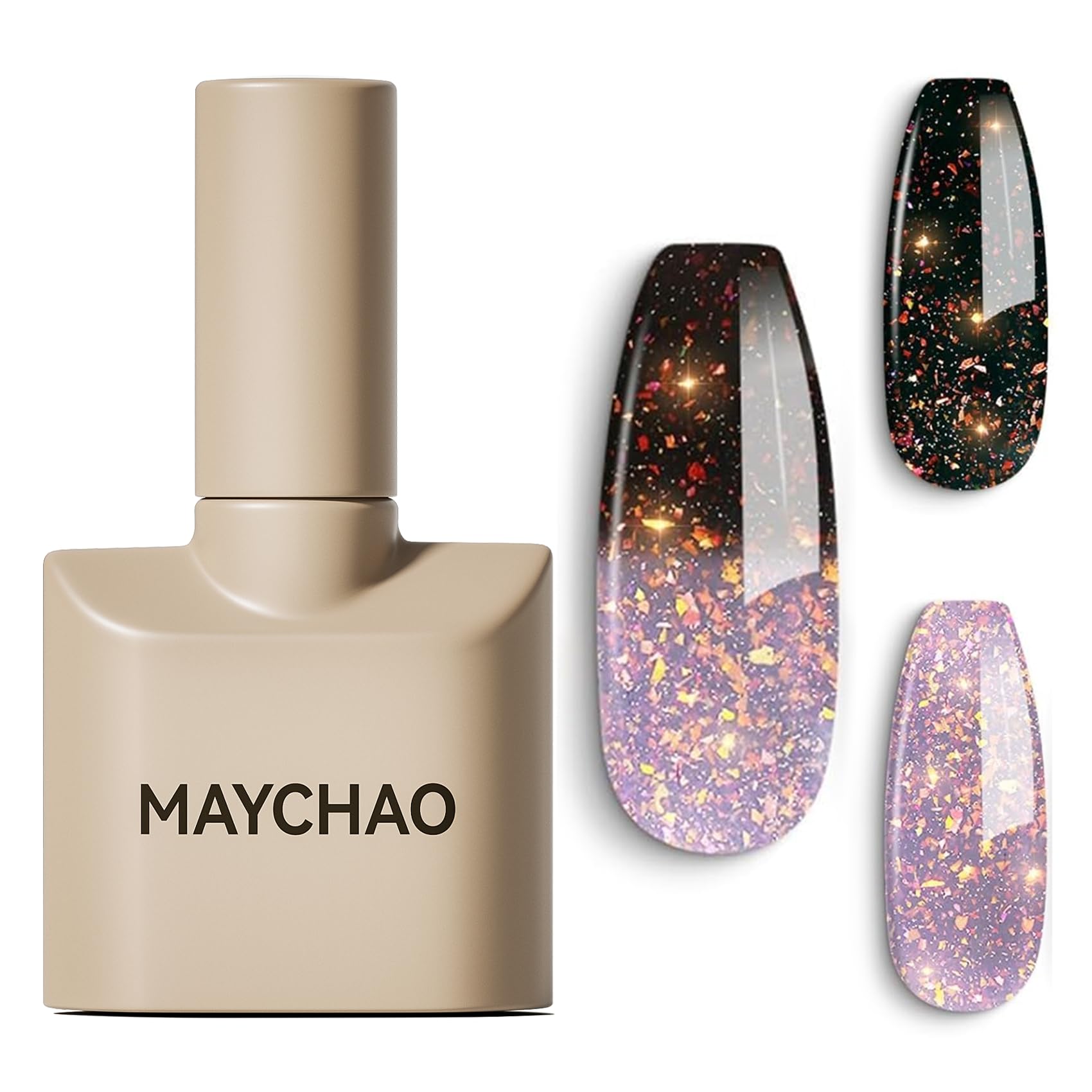 MAYCHAO front bottle showing label and glitter for clear product identification and appeal