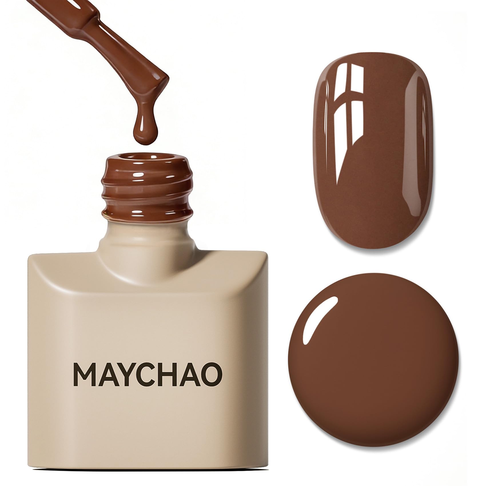 MAYCHAO front label showing chocolate coffee brown and glossy finish benefit