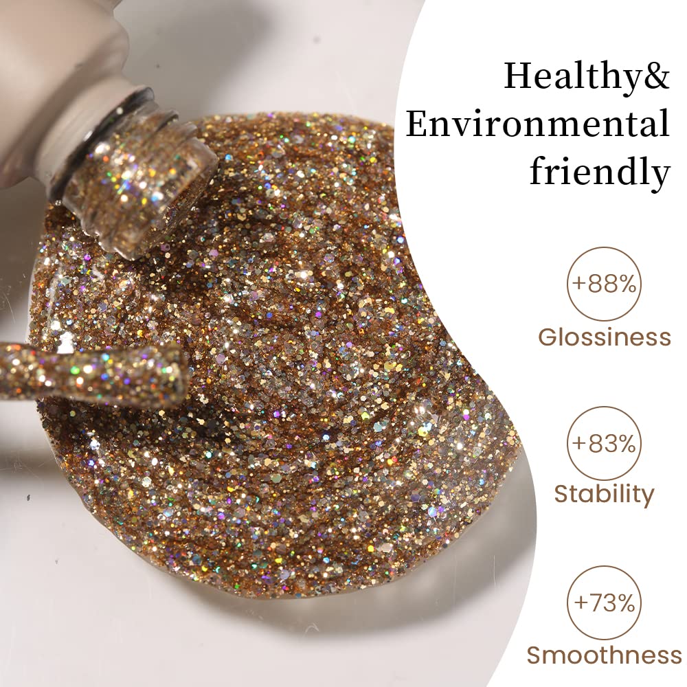 MAYCHAO brush loaded with champagne glitter gel illustrating smooth application