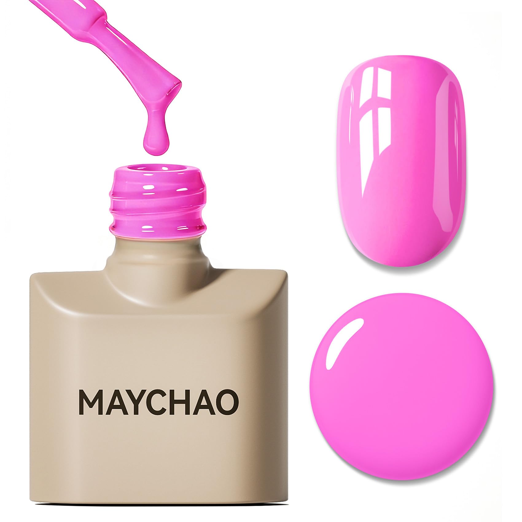 MAYCHAO front bottle showing hot pop pink shade and glossy finish benefit