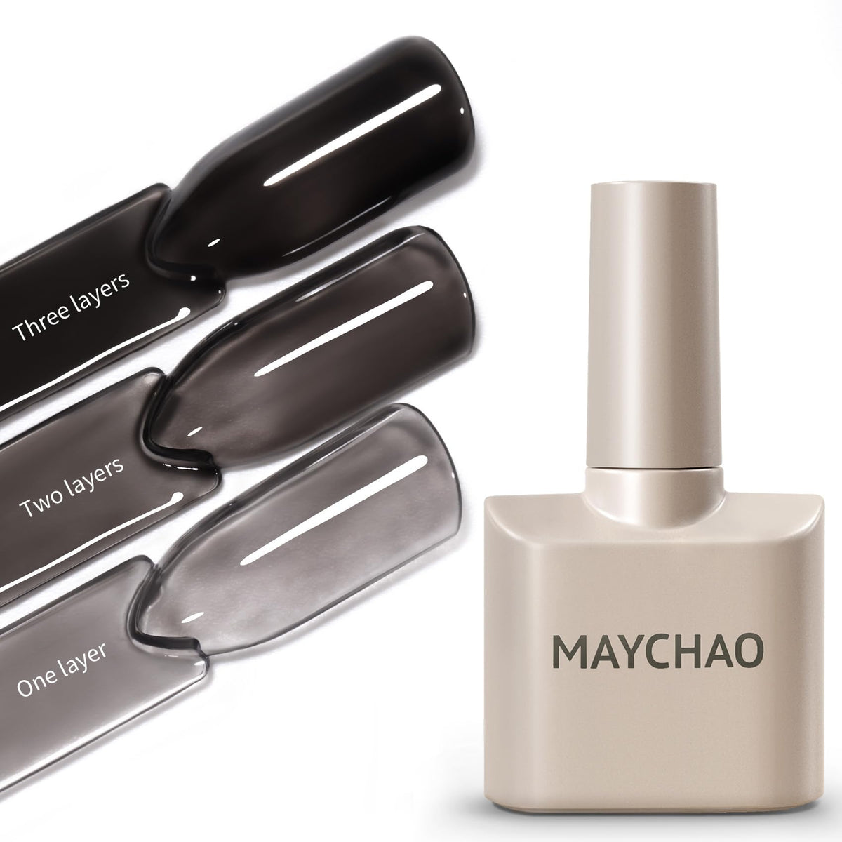 MAYCHAO bottle front view showing sheer black jelly finish and compact size