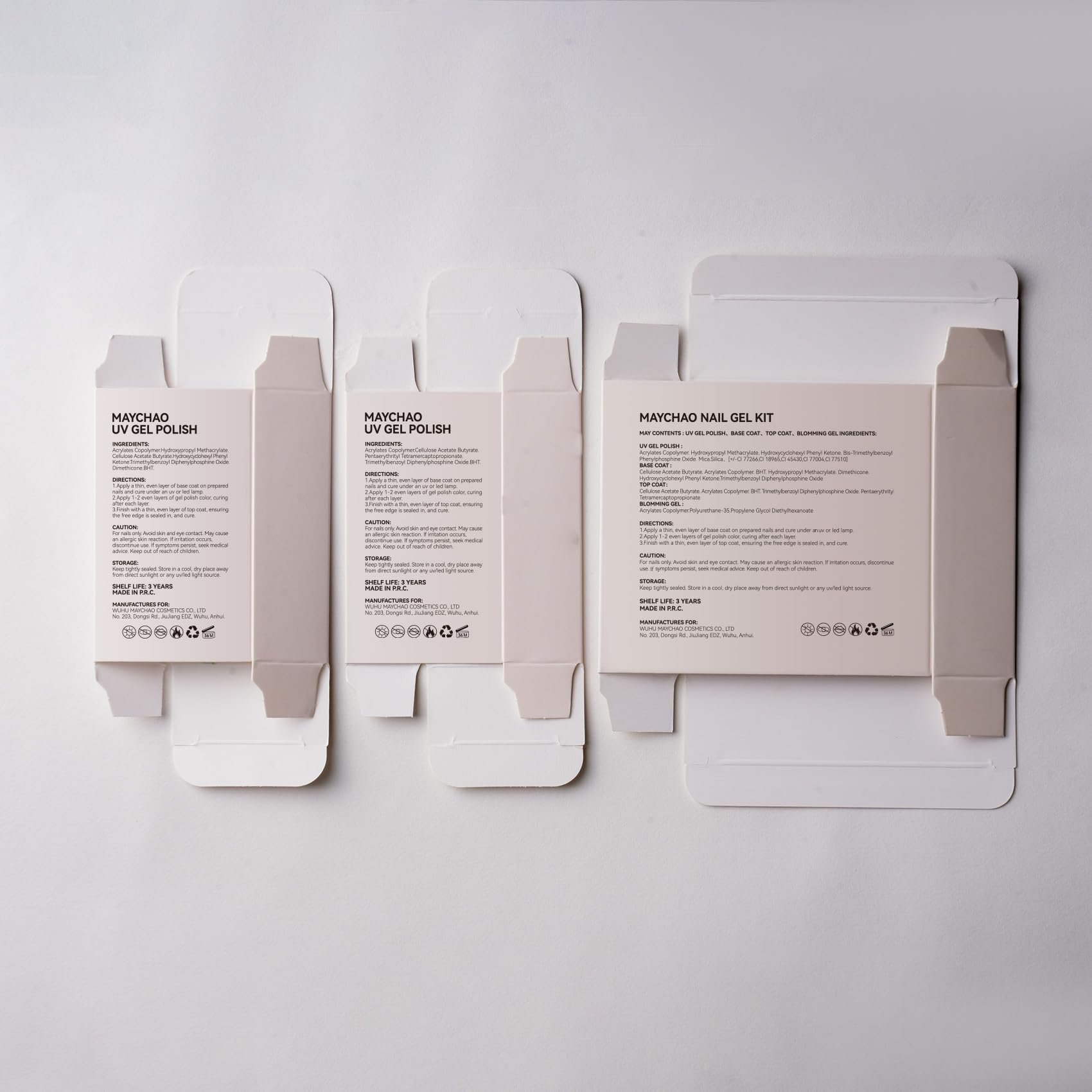 MAYCHAO label close-up showing ingredient-free icons and safety notes