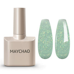 maychao bottle front view showing green glitter polish and label for easy identification