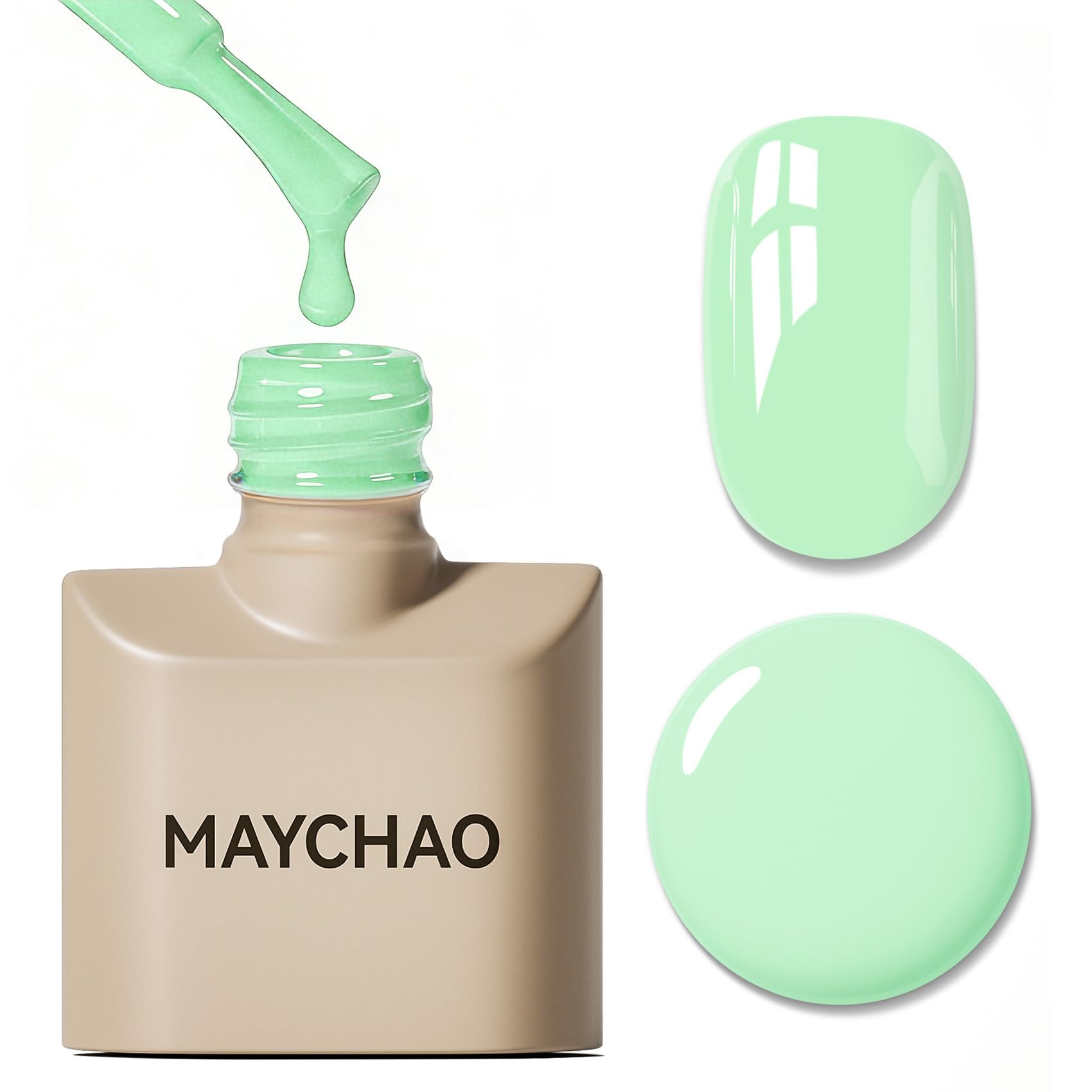 MAYCHAO front bottle view showing mint green polish and branding benefit shine