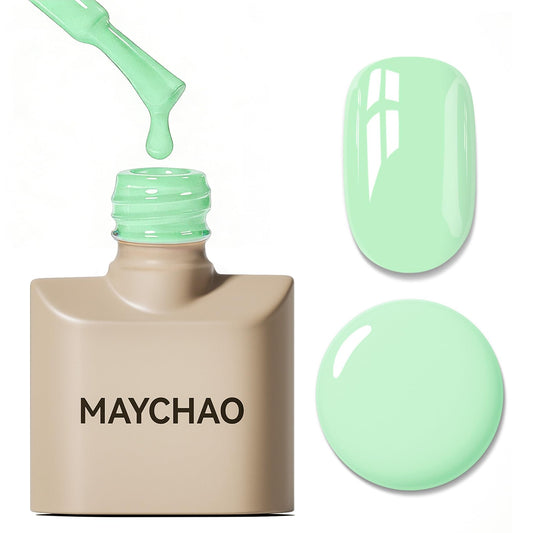 MAYCHAO front bottle view showing mint green polish and branding benefit shine