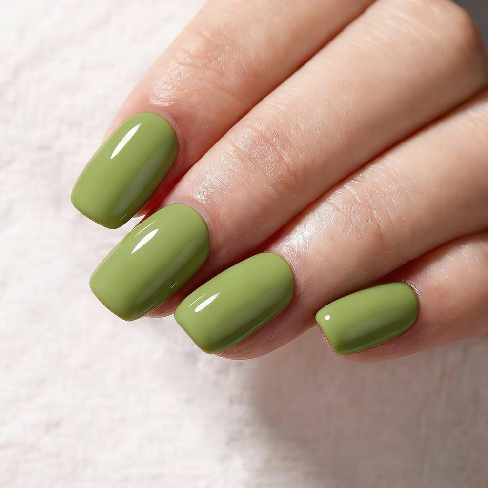 MAYCHAO moss green swatch on nail tips demonstrating true shade payoff
