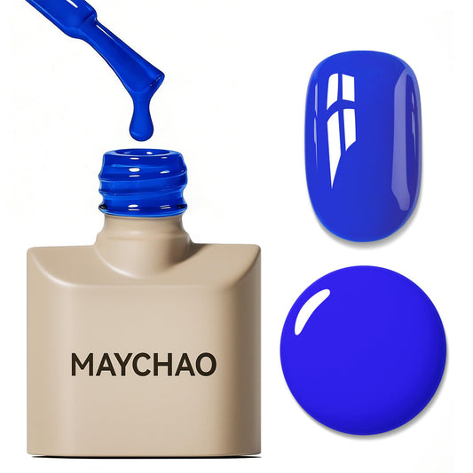MAYCHAO front bottle showing neon blue polish and clean branding benefit salon-ready color