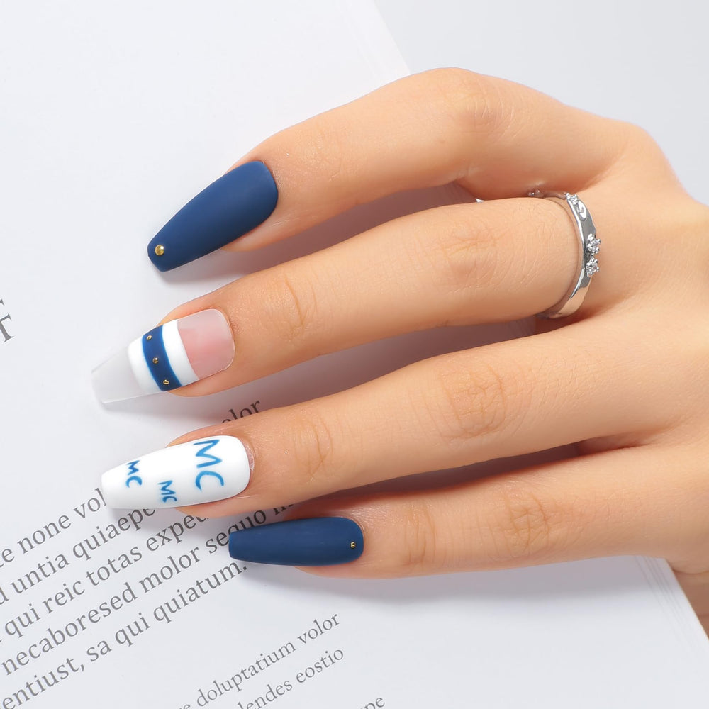 MAYCHAO polished nails lifestyle shot showing glossy navy finish for styled looks