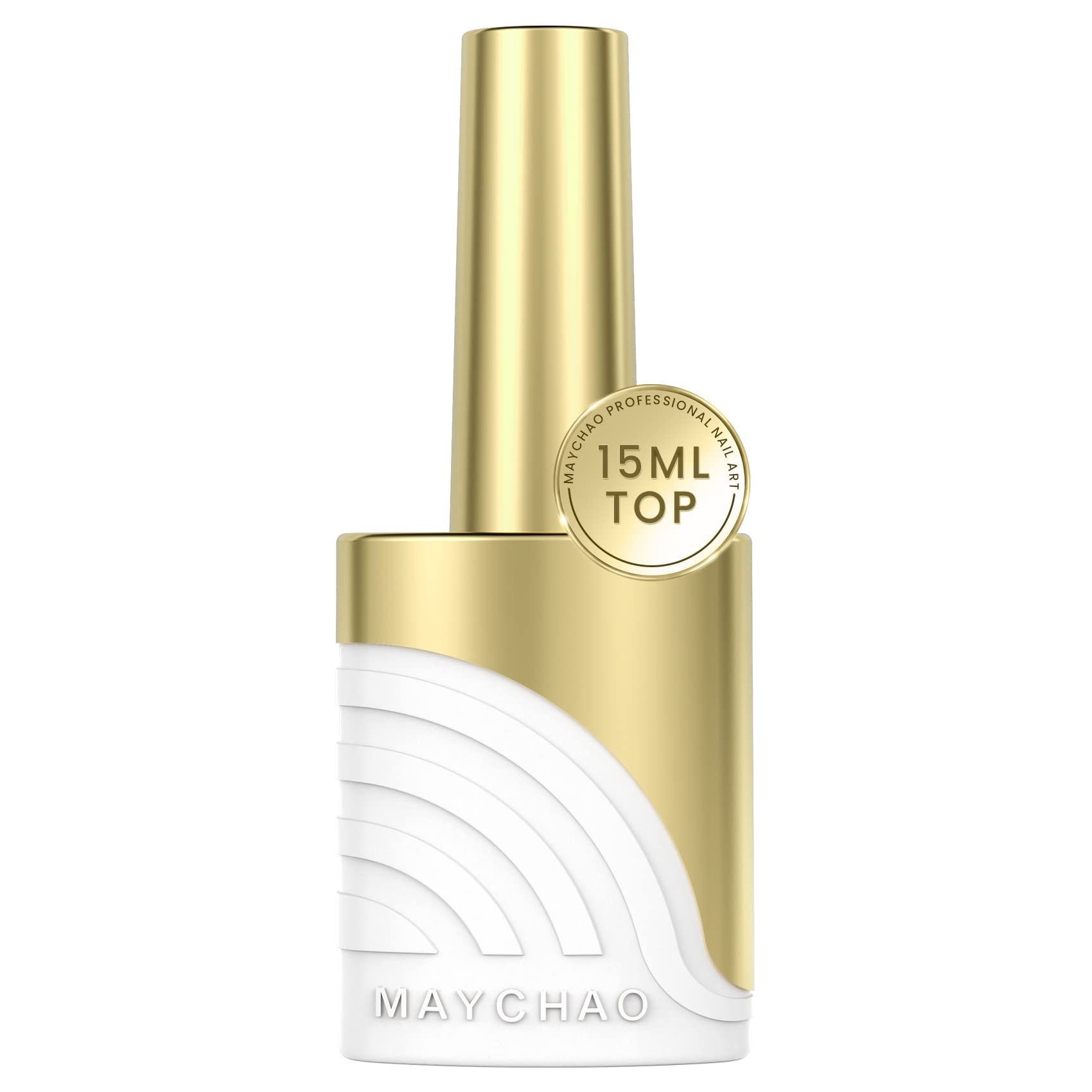 MAYCHAO front bottle showing 15ml top coat and glossy finish benefit