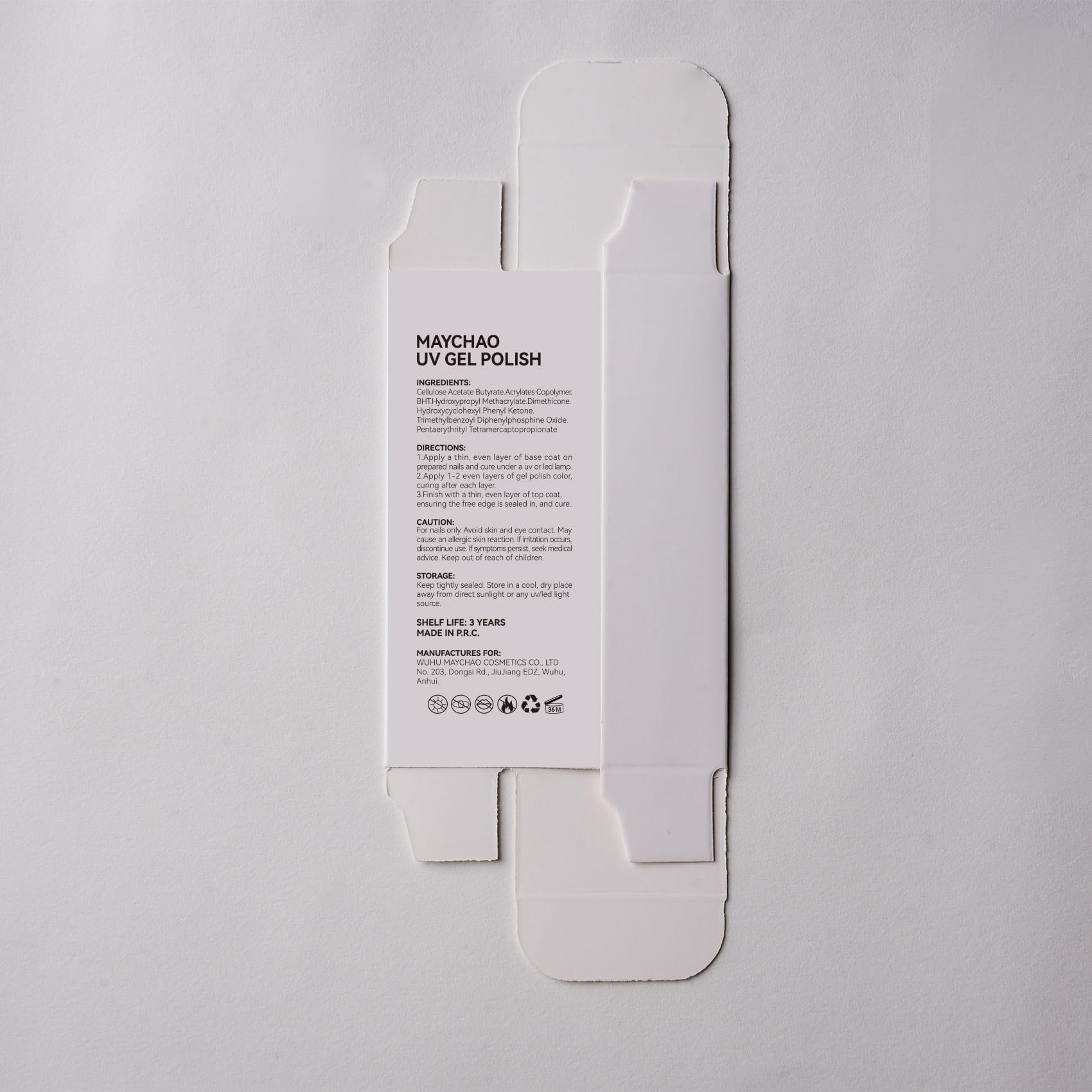 MAYCHAO cap and printed label highlighting product information and safe use benefit