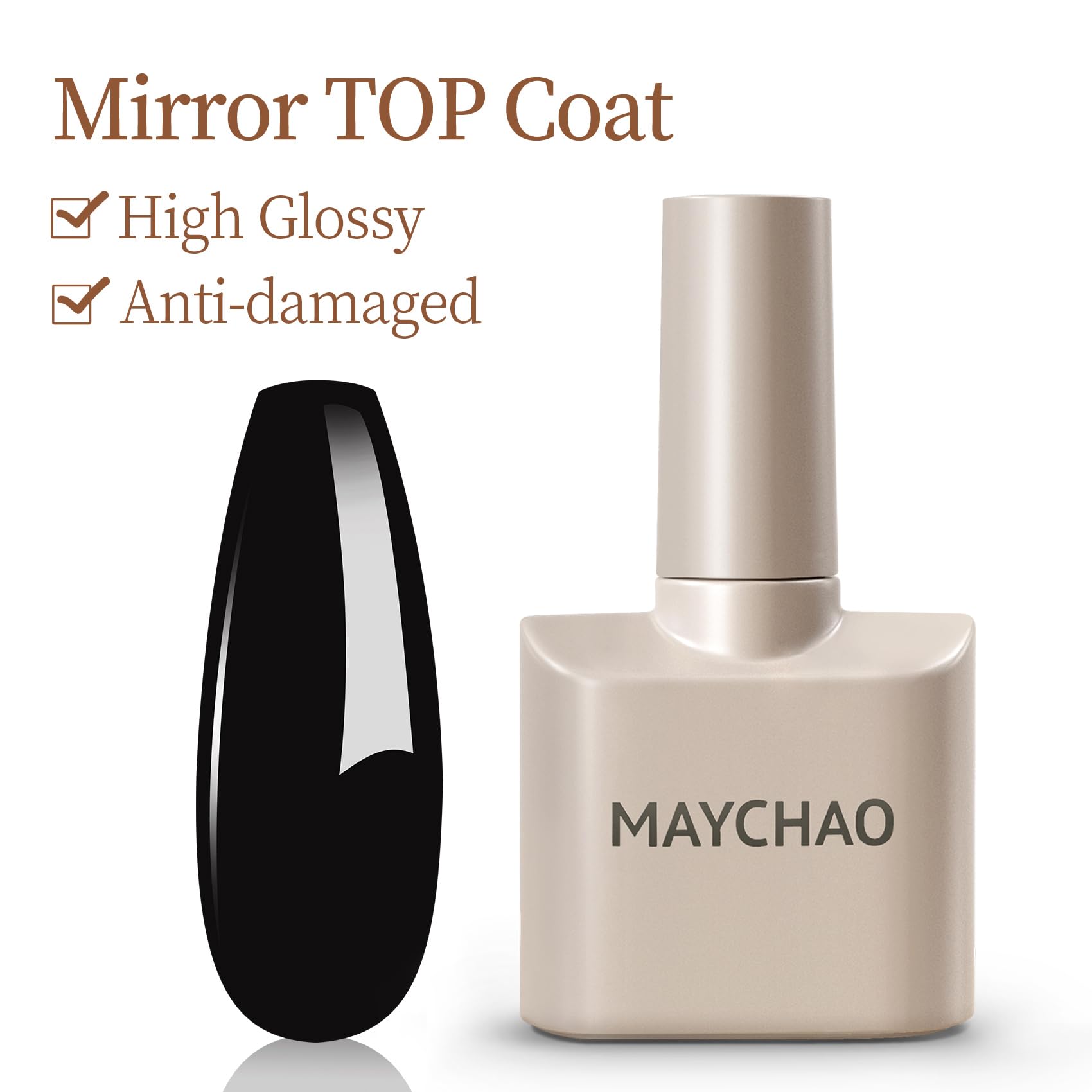 MAYCHAO top coat shiny swatch illustrating high-gloss finish benefit