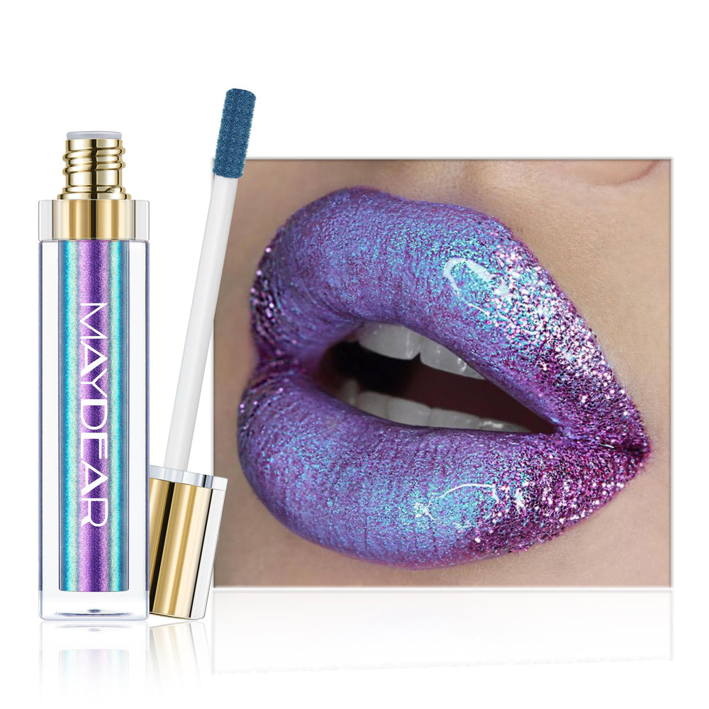 Maydear lipstick front packaging showing bold blue-purple metallic finish and vibrant color