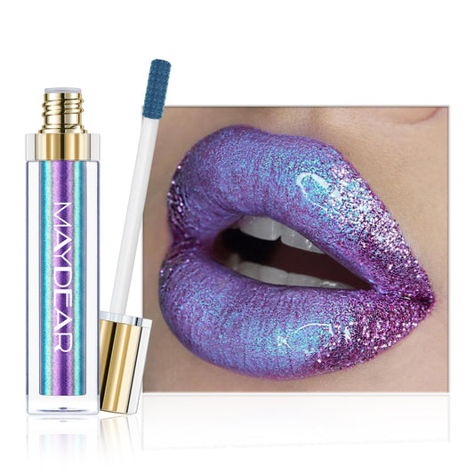 Maydear lipstick front packaging showing bold blue-purple metallic finish and vibrant color