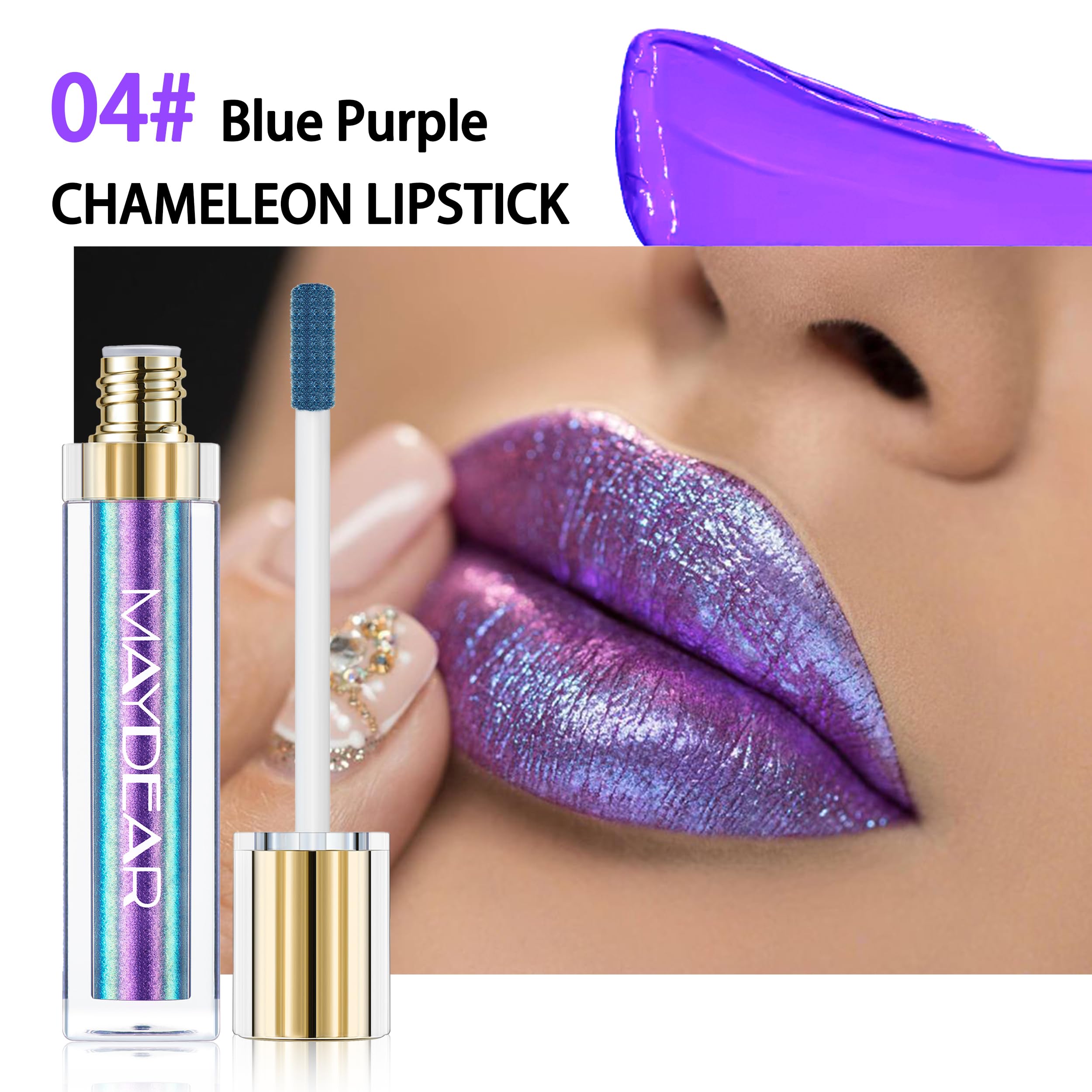 Maydear lipstick in use on model showing dramatic blue-purple multichrome effect