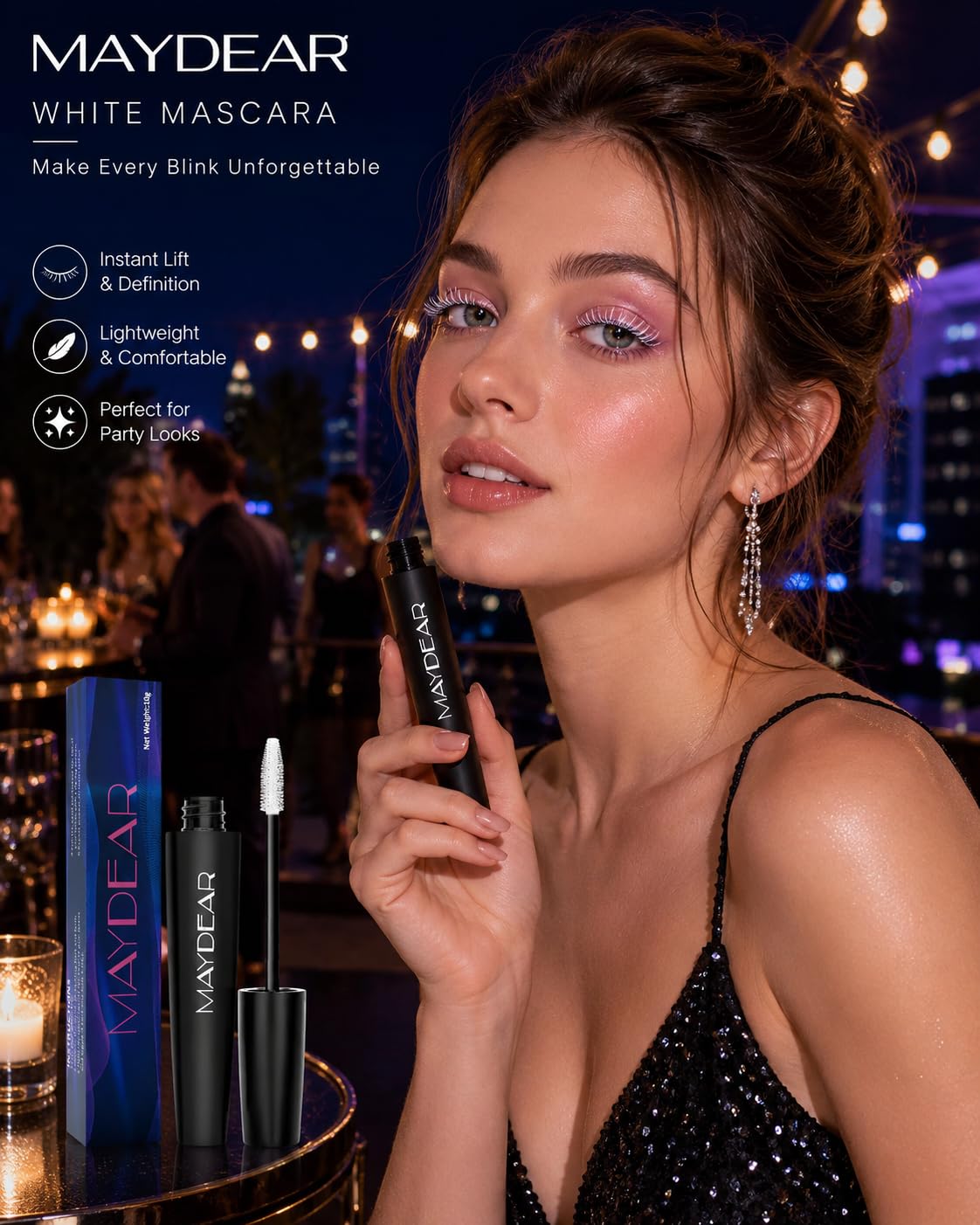 Maydear mascara styled with stage makeup highlighting dramatic performance benefit