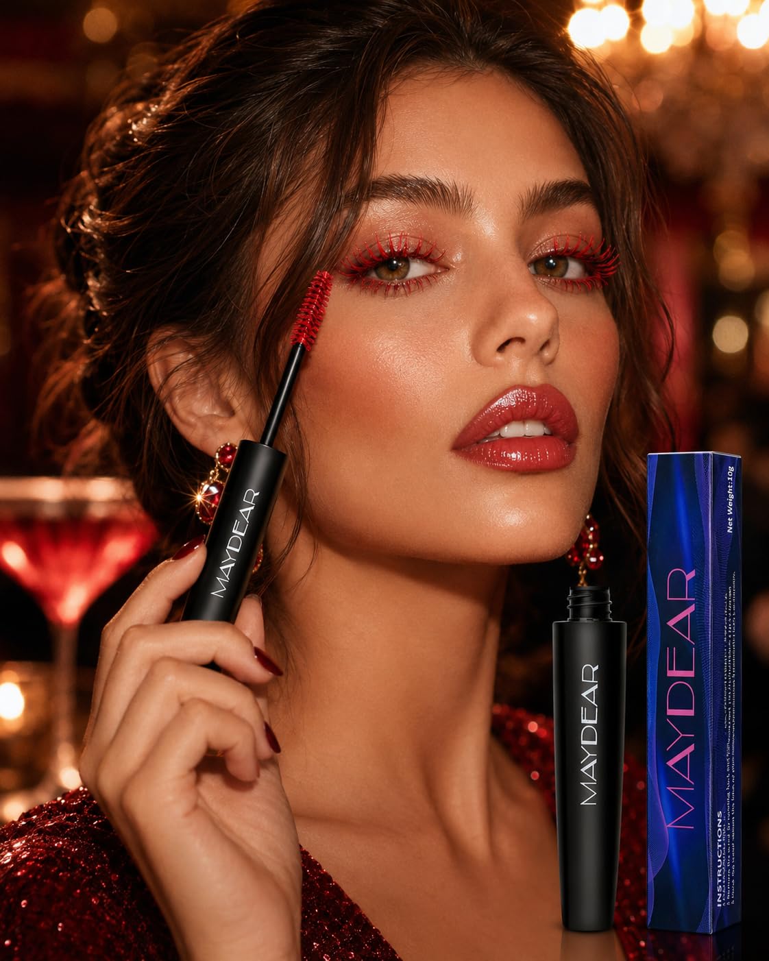 Closeup of model wearing Maydear red mascara emphasizing lifted lashes and bold color