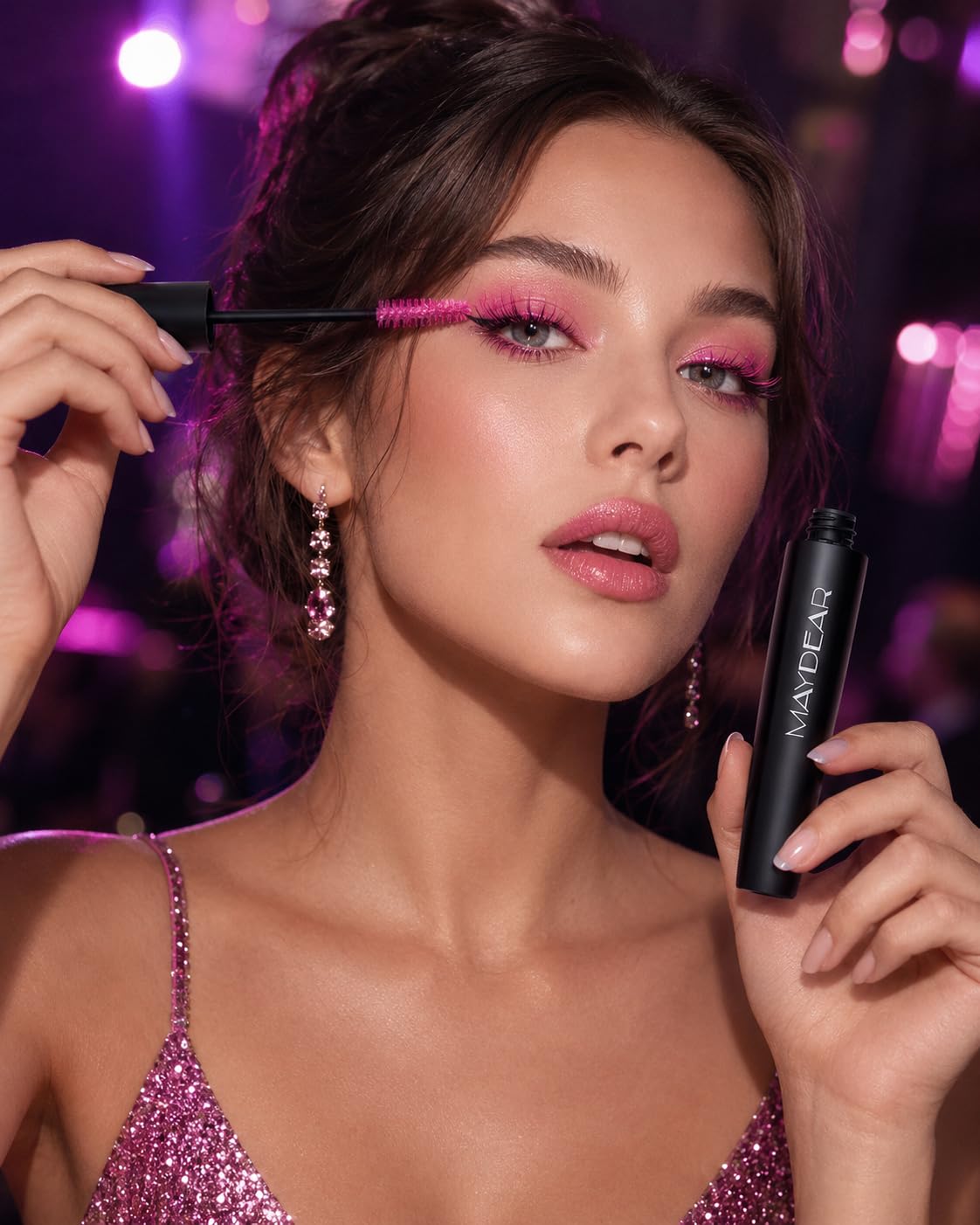 Maydear rose mascara applied on model eyes for lifted, colorful lash effect