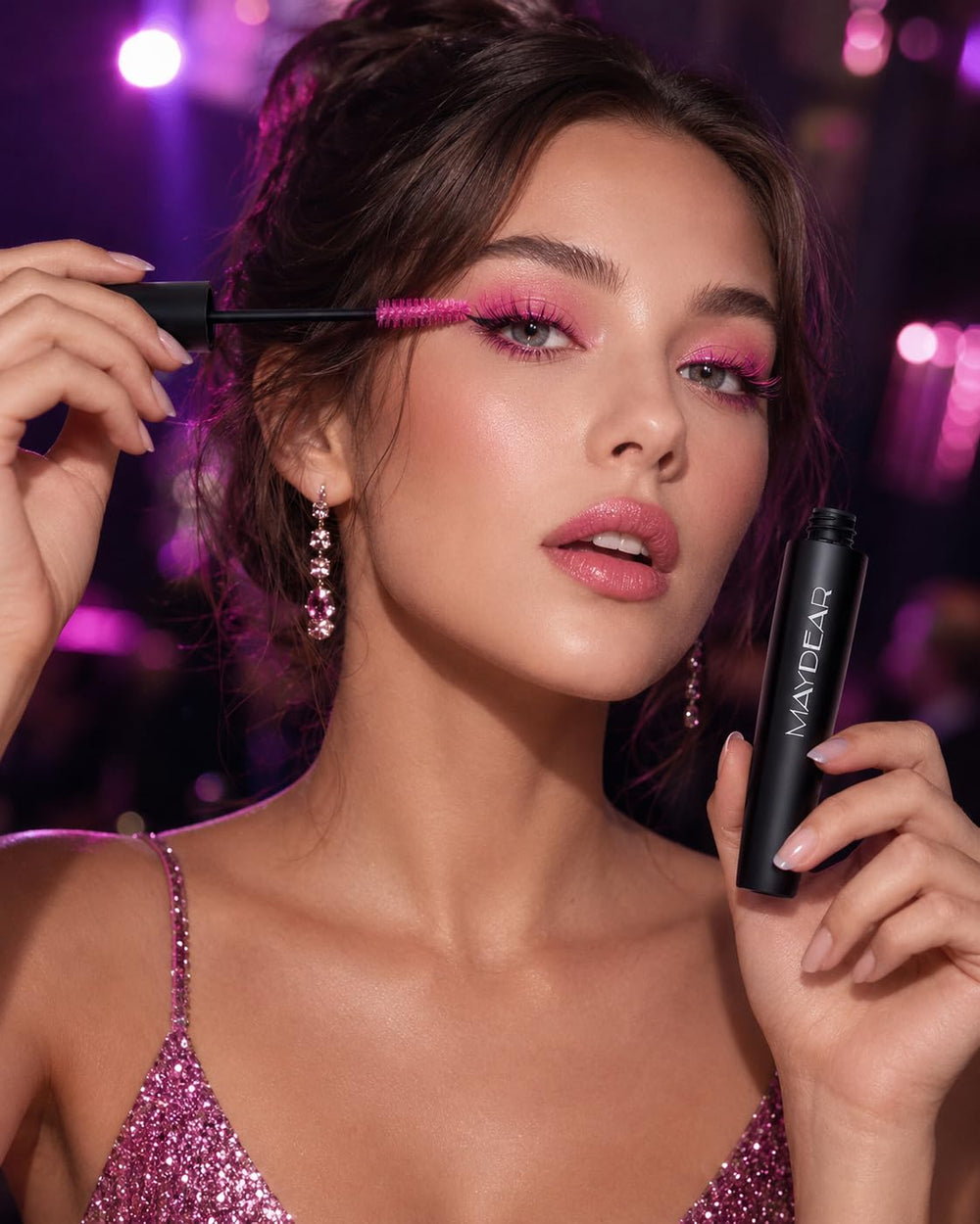 Maydear rose mascara applied on model eyes for lifted, colorful lash effect