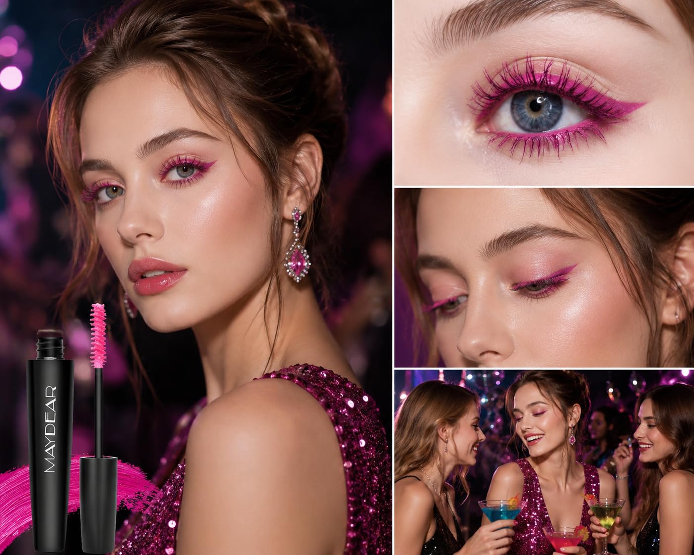 Maydear rose mascara in lifestyle setting indicating long-lasting party benefit