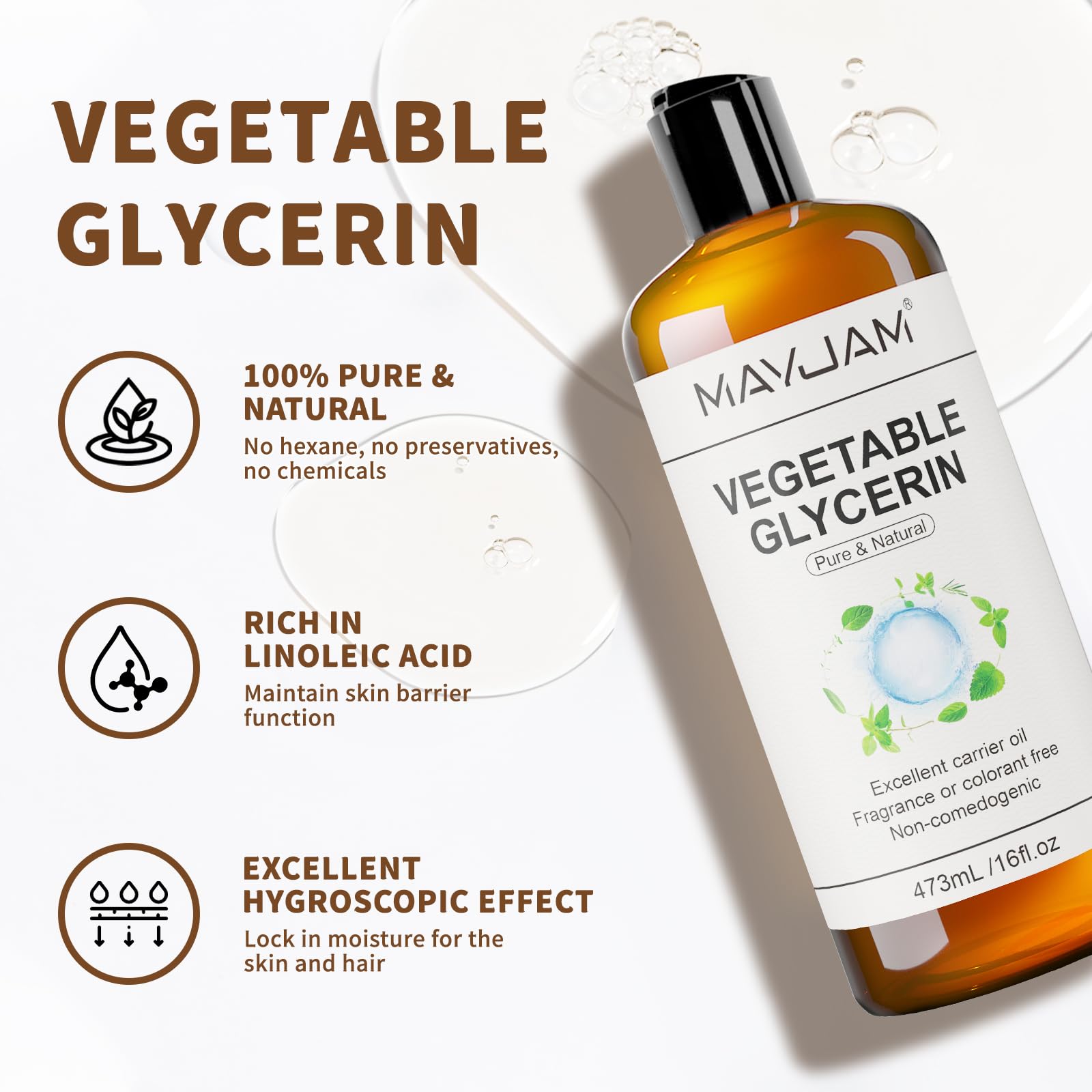 MAYJAM clear glycerine pouring close-up highlighting smooth texture and purity