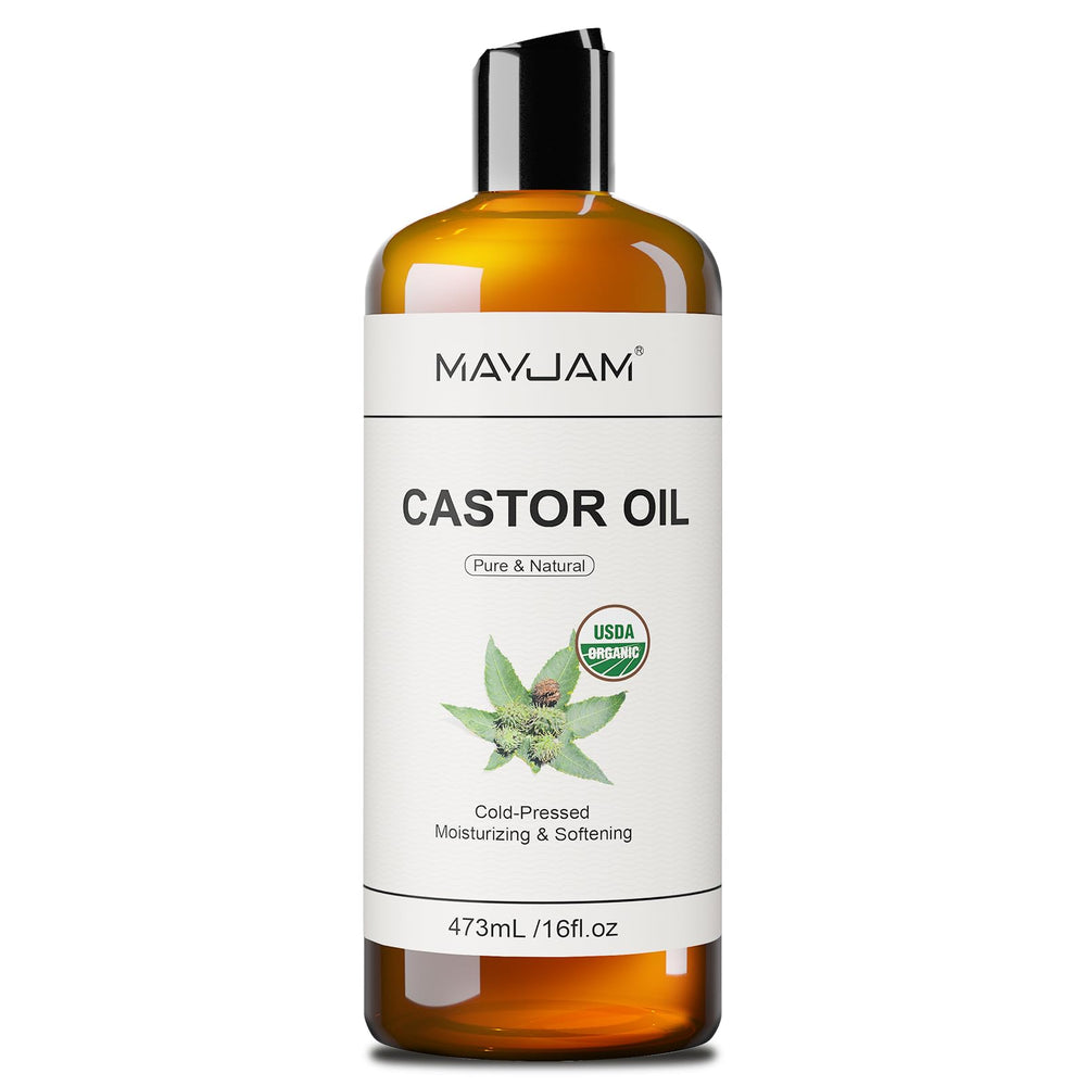 MAYJAM front bottle view showing organic castor oil and clear labeling benefit convenience