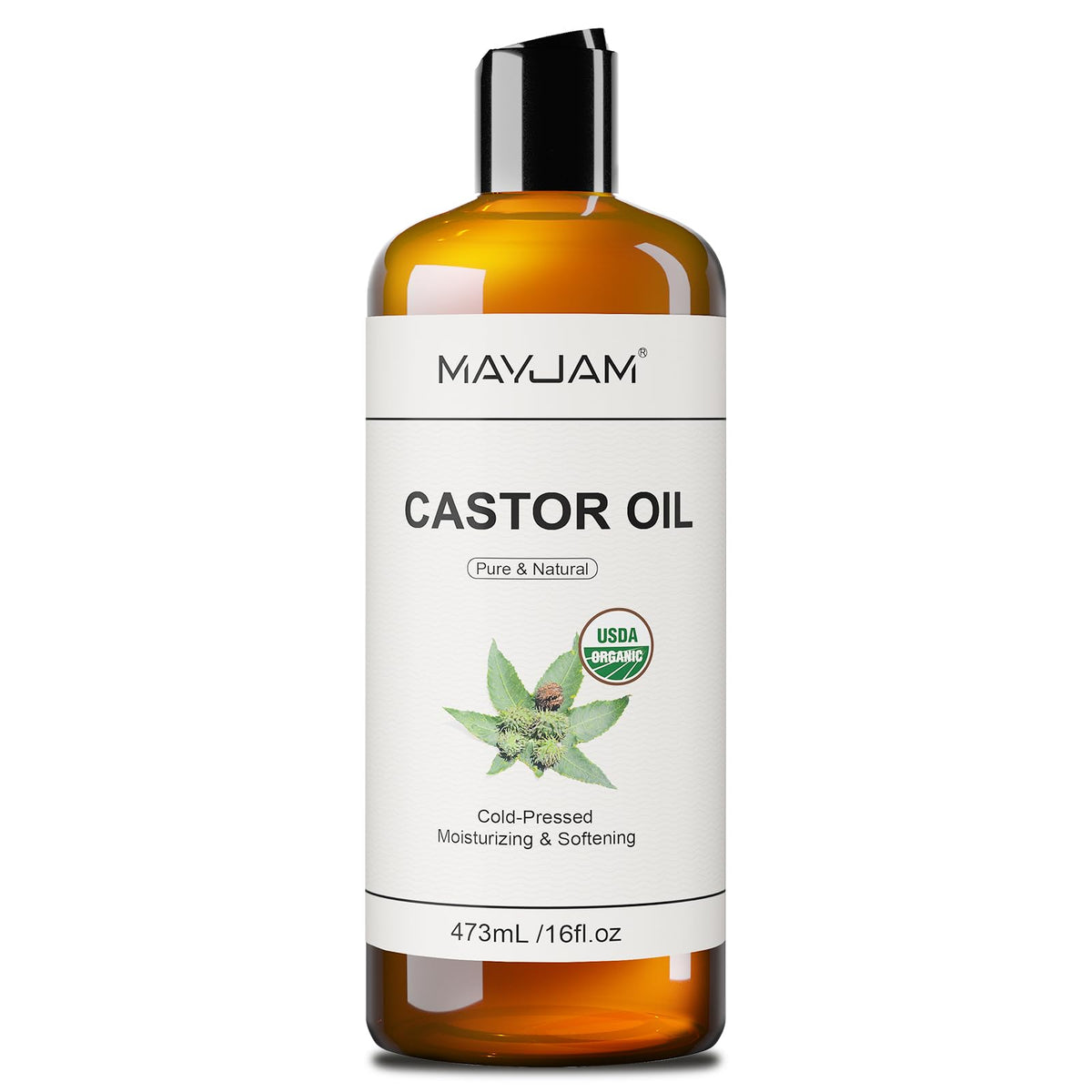 MAYJAM front bottle view showing organic castor oil and clear labeling benefit convenience