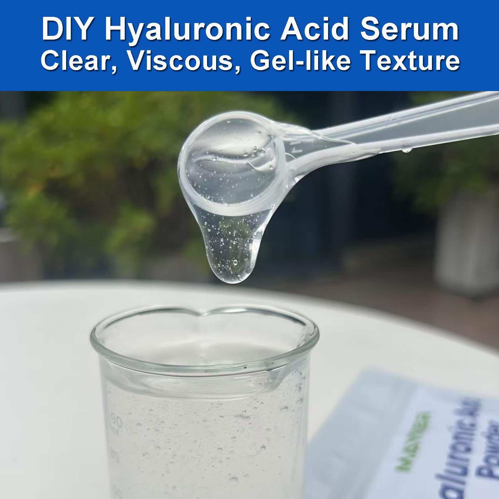MAYKER clear hyaluronic serum poured into glass showing viscous gel benefit