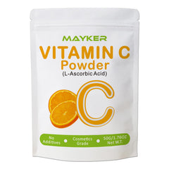 MAYKER front packaging showing clean cosmetic-grade vitamin C powder, easy to store