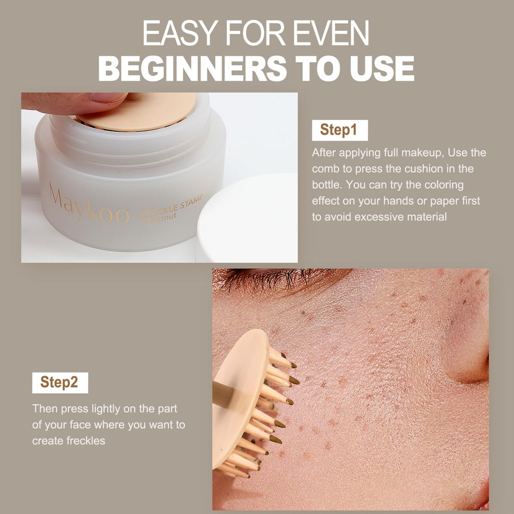 MAYKOO freckle stamp on face at beach setting showing waterproof benefit