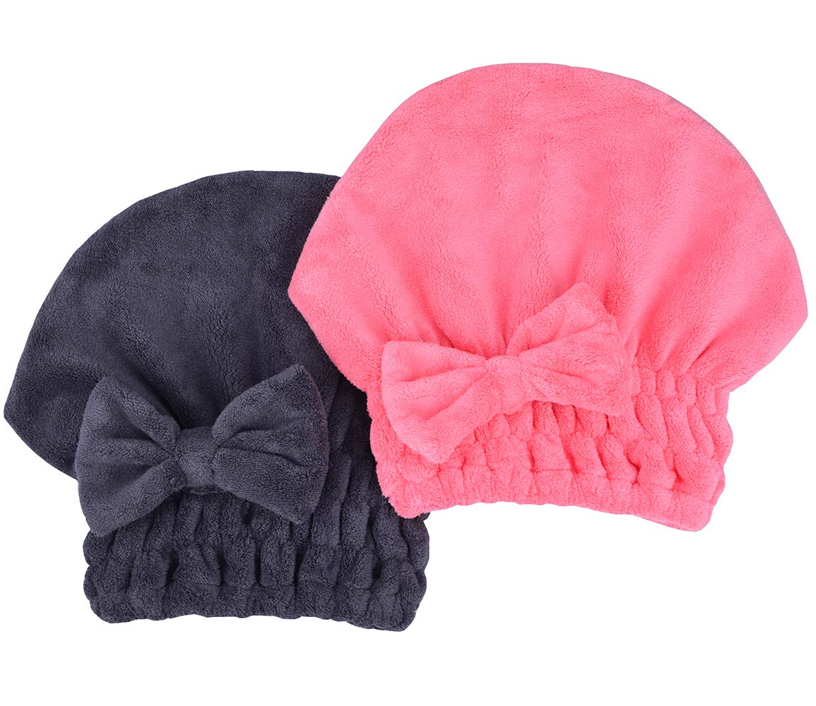 MAYOUTH front view of two microfiber turban caps showing colors and packaging benefit quick drying