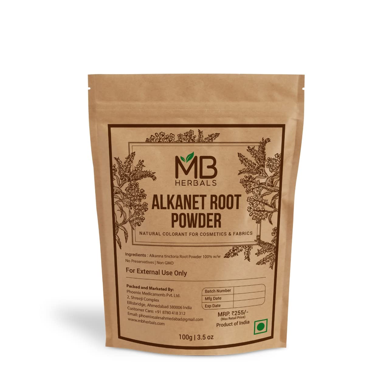 MB Herbals front tin of alkanet root powder showing natural colorant benefits
