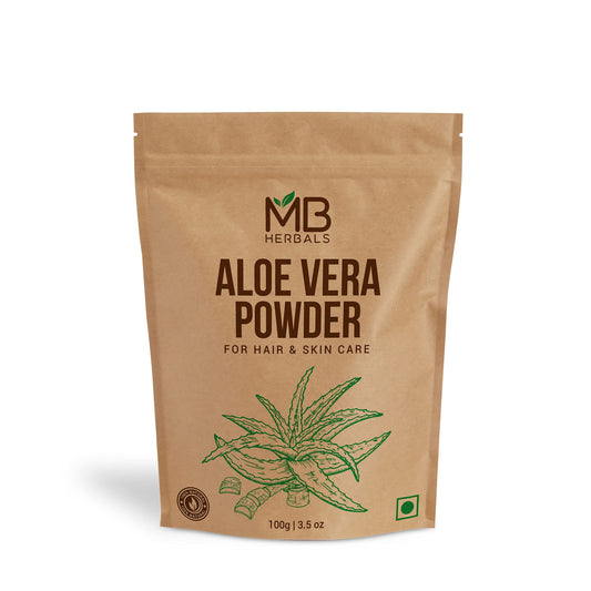 MB Herbals aloe vera powder front pack displaying size and branding for convenience