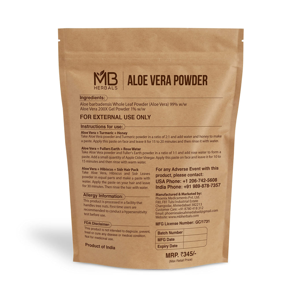 Close-up texture of MB Herbals aloe powder highlighting fine consistency and easy mixing advantage