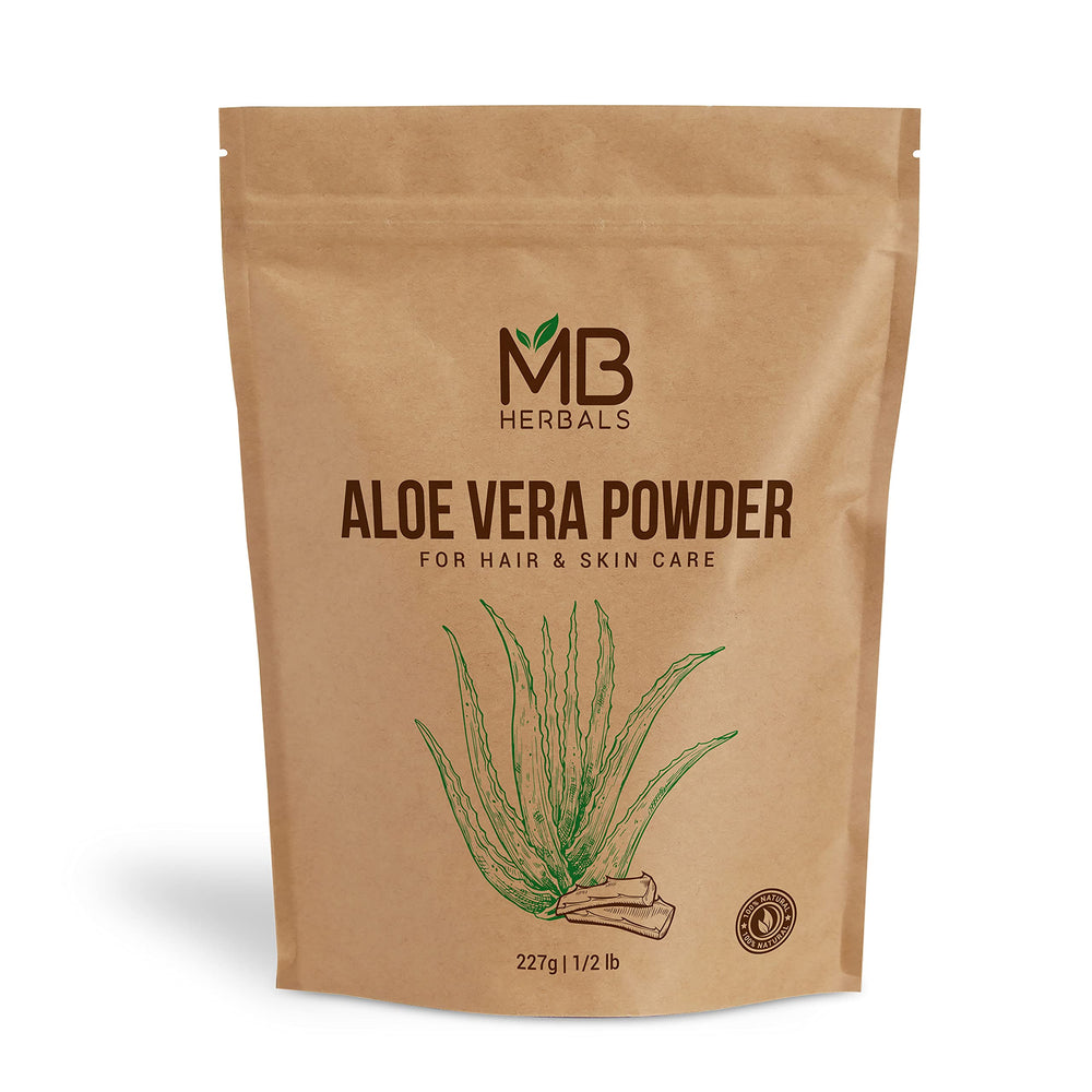 MB Herbals front packaging showing 8 oz aloe powder and clear labeling for DIY skincare benefits