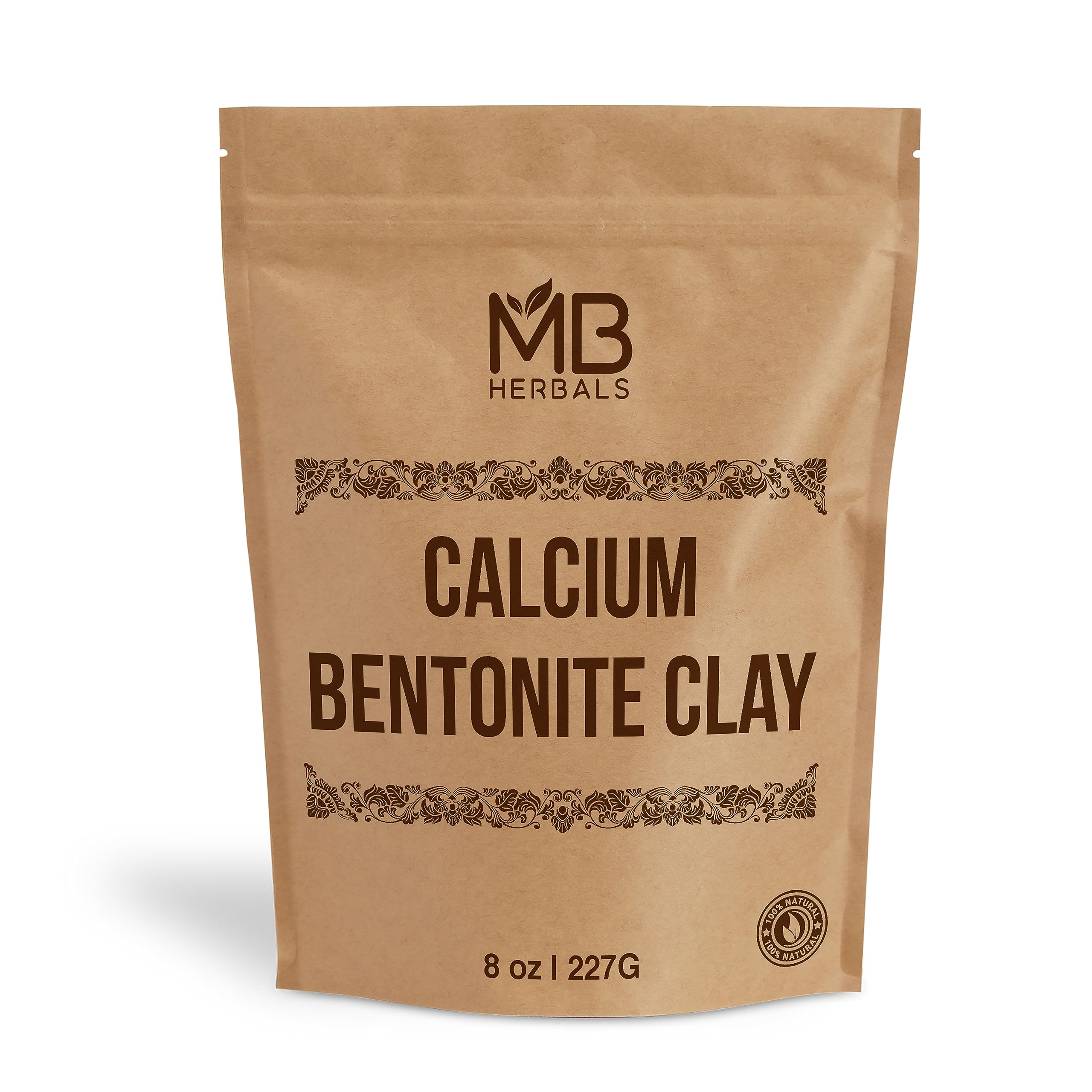 MB Herbals front packaging of calcium bentonite clay, clear labeling and benefit